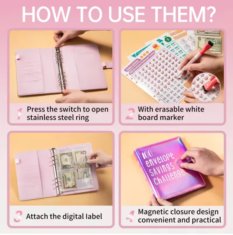 100 Envelope Challenge Binder Save Savings Challenges Loose-Leaf Binder Budget Binder with Cash Envelopes Money Organizer System (Rose Gold Only Cover)